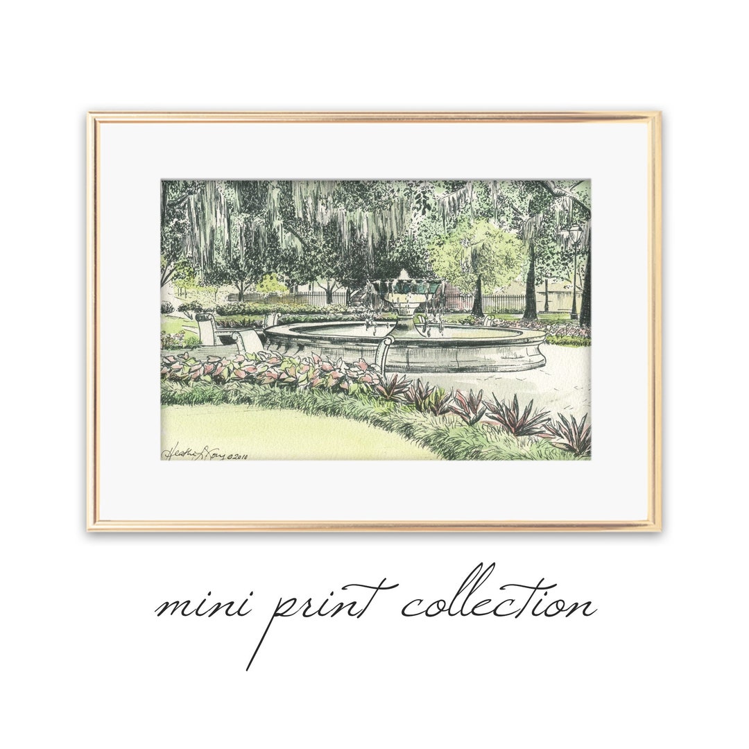 Mini Orleans Square Fountain Print - Savannah Georgia - Small Giclee Fine Art Print - Keepsake - Wedding Engagement or Bridal Shower Gift