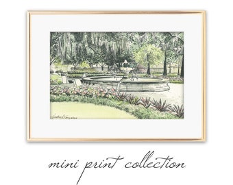 Mini Orleans Square Fountain Print - Savannah Georgia - Small Giclee Fine Art Print - Keepsake - Wedding Engagement or Bridal Shower Gift