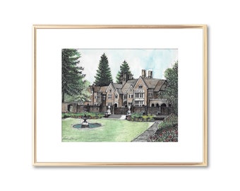 Thornewood Castle - Washington - Hand Painted Watercolor - Pen and Ink Drawing - Fine Art Print - Unique Wedding Gift - Couple Gift - Gothic