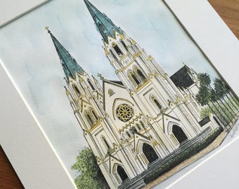 Cathedral Basilica of St. John the Baptist Savannah - Hand Painted Signed Print - Watercolor Painting - Engagement Wedding Anniversary Gift