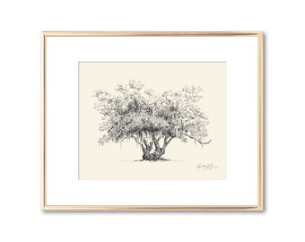 Old Oak Tree Print - Nature Lover Gift - Couple Gift - Southern Decor - Live Oak Tree Drawing with Spanish Moss - Line Art - Tree Wall Art