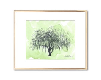 Old Oak Tree Line Drawing - Fine Art Print - Watercolor Art - Southern Wall Decor - Hunter Oak - Savannah Georgia - Nature Lover Gift