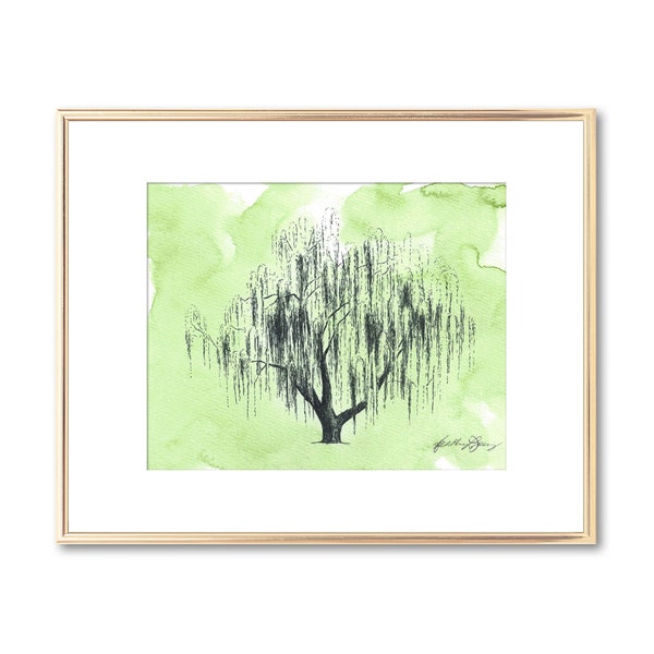 Watercolor Painting Weeping Willow Tree Drawing - Moss Green - Nature Lover Gift - 9th Anniversary Gift - Fine Art Print - 5x7 8x10 11x14