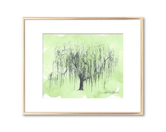 Weeping Willow Tree Wall Art - Watercolor Painting - Nature Lover Gift - 9th Anniversary Gift for Husband or Wife - 5x7 - 8x10 - 11x14