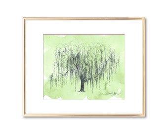 Weeping Willow Tree Wall Art - Watercolor Painting - Nature Lover Gift - 9th Anniversary Gift for Husband or Wife - 5x7 - 8x10 - 11x14