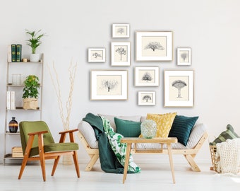 Collection of Neutral Botanical Wall Art - Set of Nine - Tree Fine Art Prints - Signed Giclee - Living Room Gallery Wall - Home Decor