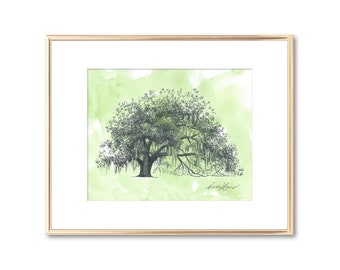 Watercolor Painting - Ophelia Oak Tree Print - Howfyl Plantation Georgia Art - Botanical Home Decor - Spanish Moss - Wedding Couple Gift