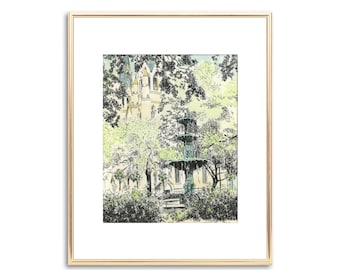 Hand Painted Lafayette Square Watercolor Painting - Savannah Georgia - Wedding Gift - Anniversary Gift - Personalized Art - Vintage Style