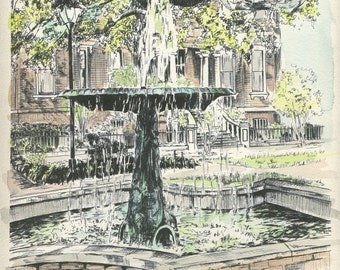 Savannah Columbia Square Fountain Hand Painted and Signed Watercolor Print - Wedding Anniversary Unique Gift - Vintage Style Wall Decor