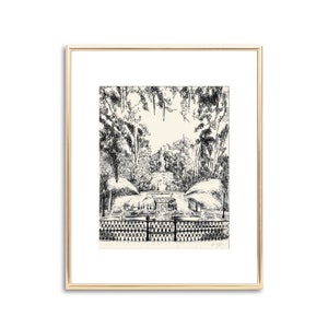 Savannah Forsyth Park Fountain Pen and Ink Drawing Black and White Fine Art Print Signed Keepsake Personalized Wedding Gift Giclee image 1