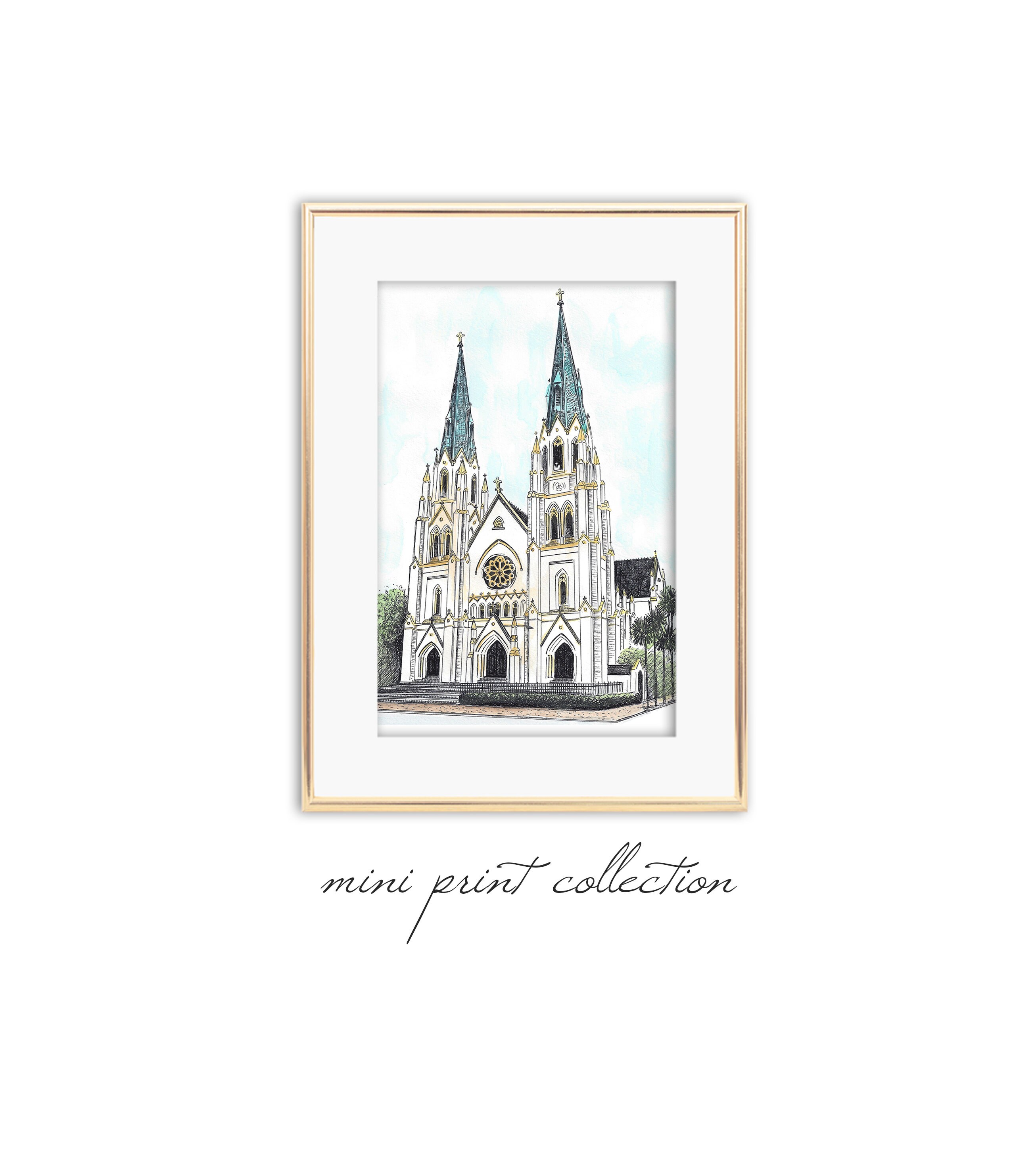Cathedral Basilica St. John the Baptist - Mini Watercolor Painting - Fine Art Print - Savannah Georgia - Wedding Gift - Keepsake - Giclee