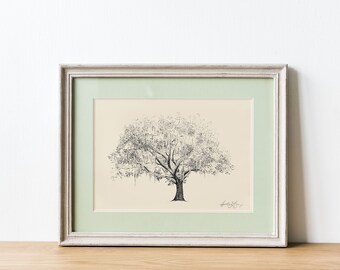 Old Oak Tree Print - Nature Lover Gift - Botanical Wall Art - Nature Themed Decor - Pen and Ink Giclee Print - Southern Landscape Drawing