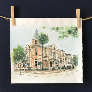 May include: Watercolor painting of a large, light brown building with a tall, pointed tower. The building has many windows and a porch with columns. There are trees and palm trees in front of the building.