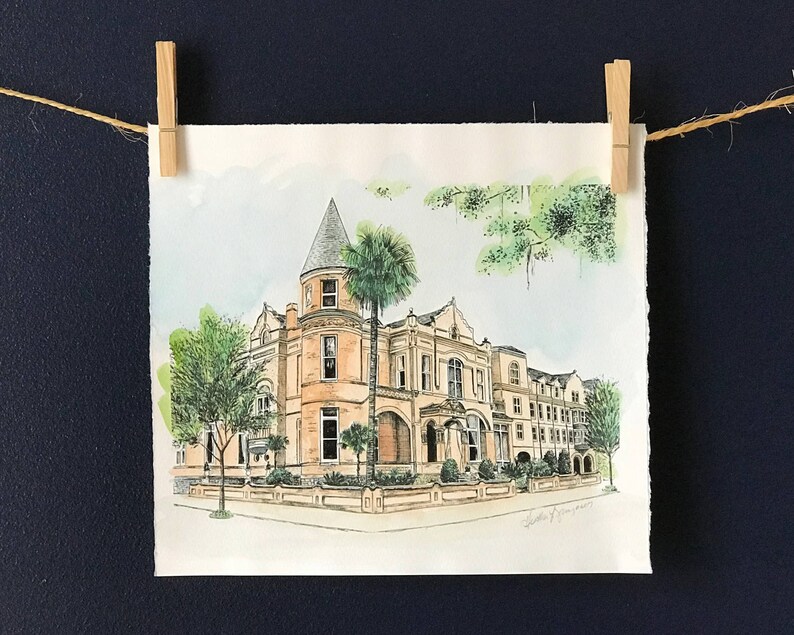 May include: Watercolor painting of a large, light brown building with a tall, pointed tower. The building has many windows and a porch with columns. There are trees and palm trees in front of the building.