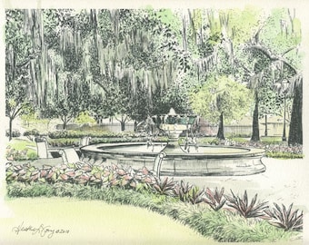 Orleans Square Fountain Savannah Georgia - Watercolor Painting - Fine Art Print - Hand Painted - Anniversary Wedding Gift for Husband Wife