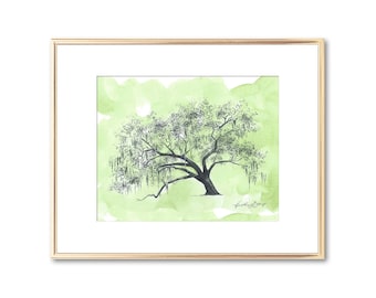 Hand Painted Watercolor Painting - Old Oak Tree Print Drawing - Southern Decor - Spanish Moss - Tree Wall Art - Botanical Decor - Line Art