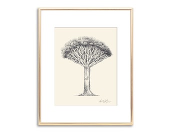 Dragon Tree Line Art Drawing - Fine Art - Signed Giclee Print - 5x7 8x10 11x14 - Black and White Decor - Vintage Style Keepsake Gift for her