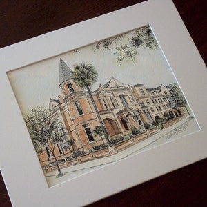 May include: Watercolor painting of a large, multi-story building with a tower. The building is painted in shades of brown and beige, with white trim. There are trees and palm trees in front of the building.