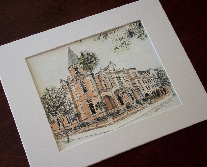 May include: Watercolor painting of a large, multi-story building with a tower. The building is painted in shades of brown and beige, with white trim. There are trees and palm trees in front of the building.