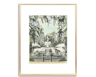 Savannah Forsyth Park Fountain - Hand Painted Watercolor - Fine Art Print - Signed Savannah Keepsake - Wedding Gift - Couple Gift - Painting