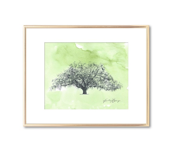 Old Oak Tree Print - Watercolor Painting - Fine Art Print - Savannah Georgia - Moving Gift - Botanical Wall Art - Rustic Decor - Line Art