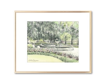Savannah Watercolor Painting - Orleans Square Fountain - Hand Painted and Signed Fine Art Print - Vintage Style - Wedding Anniversary Gift