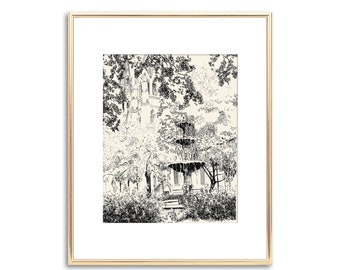 Lafayette Square Fountain - Savannah Georgia - Fine Art Print - Black and White Technical Drawing - Line Art - Wedding Gift - Luxe Keepsake