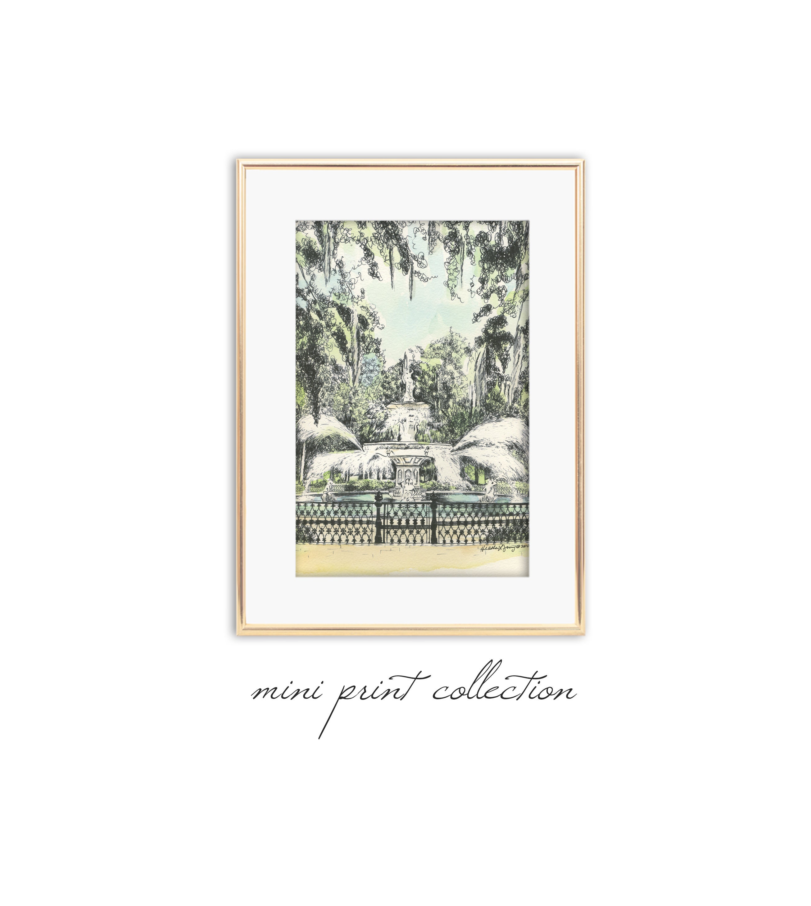 Savannah Georgia Watercolor Painting Fine Art Print - Forsyth Park Fountain - Small Keepsake - Pen and Ink Drawing - Unique Corporate Gift