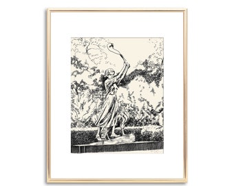 The Waving Girl - dessin au trait plume et encre - oeuvre d'art en noir et blanc - impression d'art fine ligne - historique de Savannah en Géorgie - River Street - Signé
