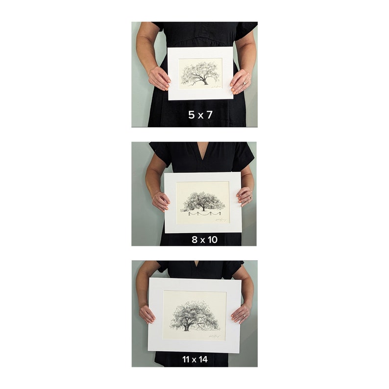 May include: Three white frames with black mats showcasing a black and white pencil drawing of a tree. The frames are held by a person's hands. The sizes of the frames are 5x7, 8x10, and 11x14 inches.