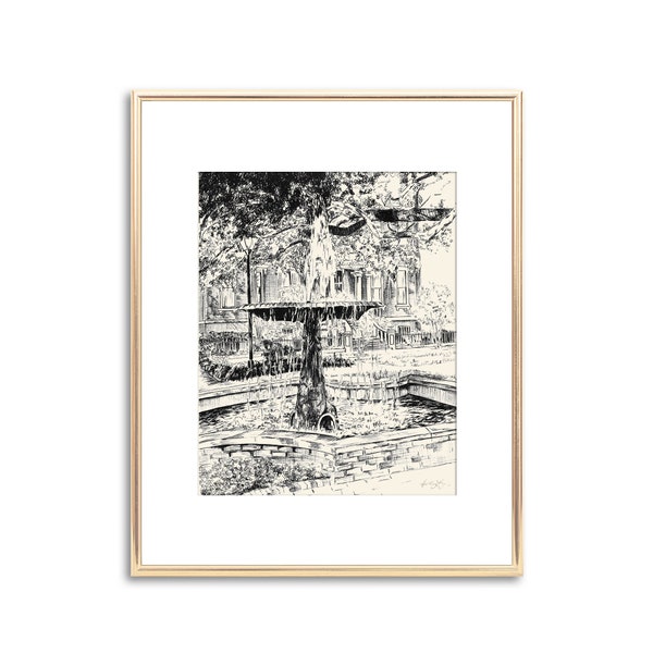 Columbia Square Fountain - Savannah Georigia - Pen and Ink Drawing - Signed Fine Art Print - Black and White Line Art - Couple Wedding Gift