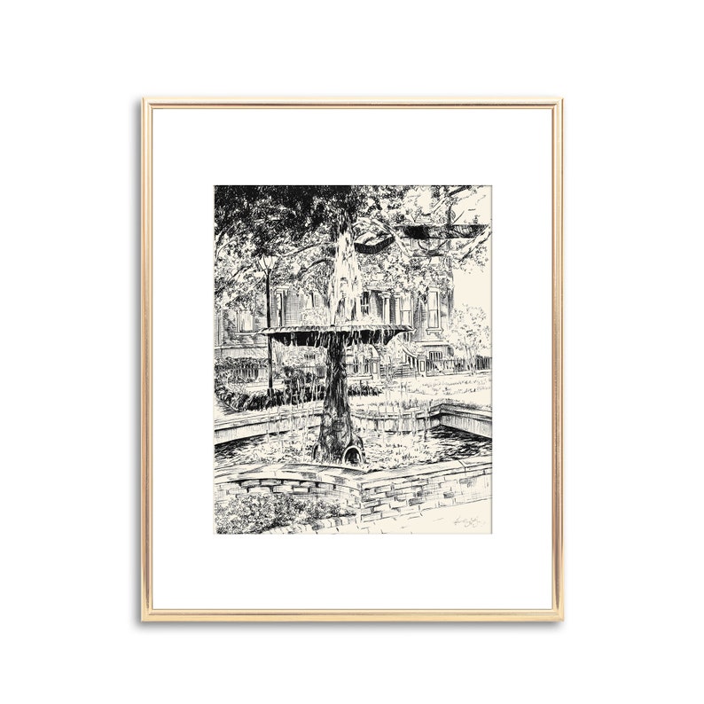 Columbia Square Fountain Savannah Georigia Pen and Ink Drawing Signed Fine Art Print Black and White Line Art Couple Wedding Gift image 1
