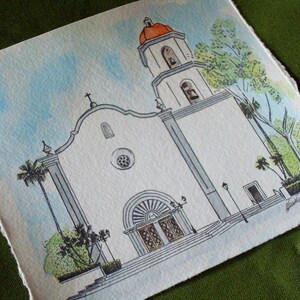 Mission Basilica San Juan Capistrano California Hand Painted Watercolor Painting Fine Art Print Unique Wedding Gift Line Drawing image 3