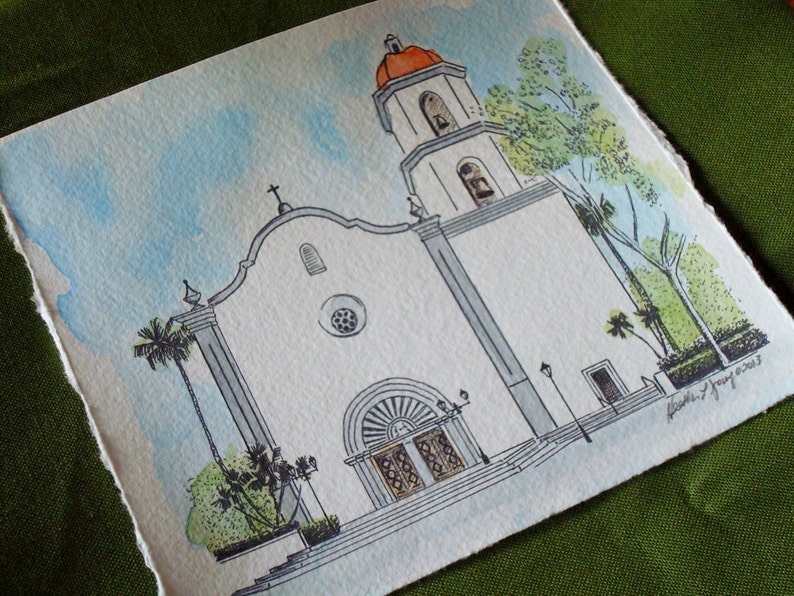 Mission Basilica San Juan Capistrano California Hand Painted Watercolor Painting Fine Art Print Unique Wedding Gift Line Drawing image 3