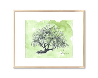 Watercolor Painting - Old Oak Tree Print - Tree Wall Art - Botanical Home Decor - Spanish Moss - Savannah Georgia - Nature Inspired Gift