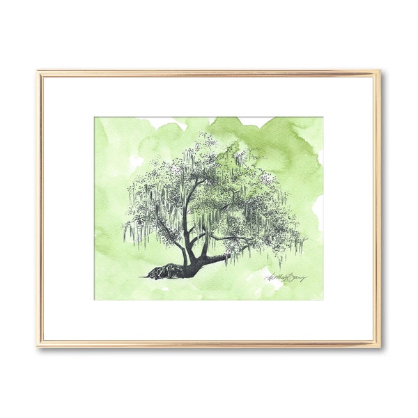 Peinture à l'aquarelle - impression de vieux chêne - art mural arbre - décoration botanique d'intérieur - mousse espagnole - Savannah Georgia - cadeau inspiré de la nature