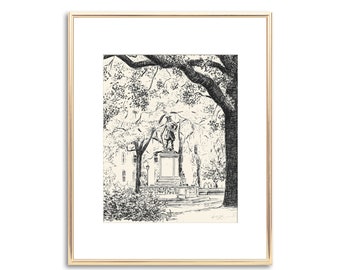 Chippewa Square - Pen and Ink Drawing - Savannah Georgia - Signed Fine Art Print - Forrest Gump Bench - Wedding Gift - Black and White