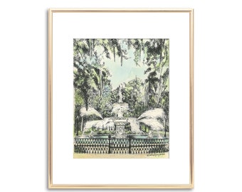 Savannah Forsyth Park Fountain - Hand Painted Watercolor - Pen and Ink Drawing - Signed Print - Vintage Style - Unique Couple Wedding Gift
