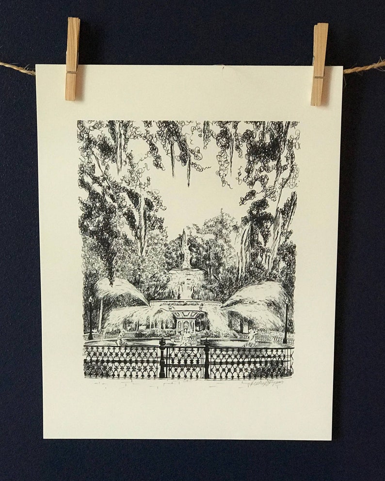 Savannah Forsyth Park Fountain Pen and Ink Drawing Black and White Fine Art Print Signed Keepsake Personalized Wedding Gift Giclee image 4