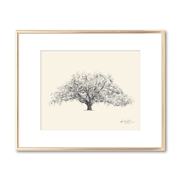 Old Oak Tree Print - Nature Art - Southern Farmhouse Decor - Live Oak Tree Drawing with Spanish Moss - Line Art - Tree Wall Art - Savannah