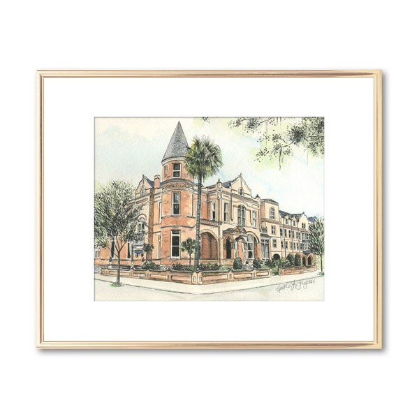 Hotel Bardo - Mansión en Forsyth Park - Pintura en acuarela - Impresión de bellas artes - Firmado - Regalo de boda o aniversario de Savannah - Recuerdo