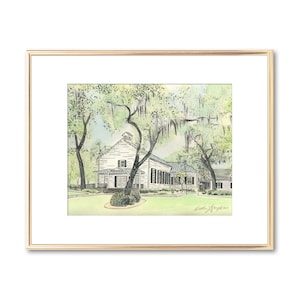 Iglesia Metodista de la Isla de la Esperanza, Savannah, acuarela, pintada a mano, impresión artística, regalo para pareja, regalo de boda, recuerdo, firmada
