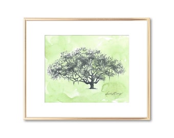 Chêne du Ribault Club dessin à la plume et à l'encre - impression d'art - aquarelle - petite oeuvre - cadeau de mariage pour couple Unique - Floride - décoration