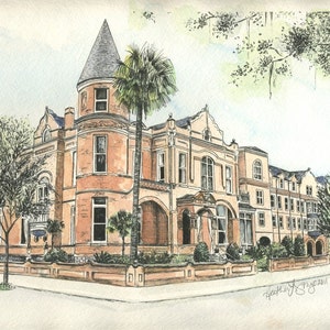 May include: Watercolor painting of a large, brick building with a tower and a porch. The building has many windows and is surrounded by trees and bushes. The painting is signed "Heather J. Sygzeil 2011".