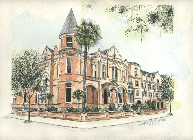 May include: Watercolor painting of a large, brick building with a tower and a porch. The building has many windows and is surrounded by trees and bushes. The painting is signed "Heather J. Sygzeil 2011".