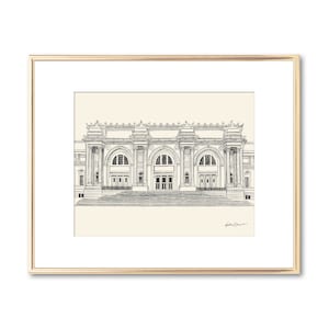 May include: A black and white line drawing of the Metropolitan Museum of Art in New York City. The drawing shows the front facade of the museum, including the main entrance and the columns.