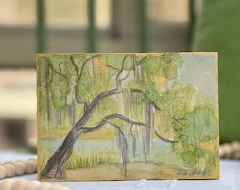 Live Oak Tree Covered in Spanish Moss Original Drawing with Watercolor Washes on Wood, Coastal Wall Decor, Nature Inspired
