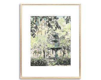 Lafayette Square Savannah - Hand Painted Watercolor - Fine Art Print - Wedding Gift - Keepsake - Anniversary Gift - Vintage Style - Painting