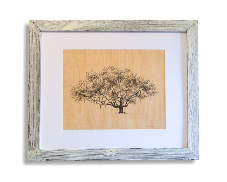 Old Oak Tree Print Wood Wall Decor Fine Art Print on Wood 5th Anniversary Gift Rustic Drawing Nature Inspired Art Southern Art image 2