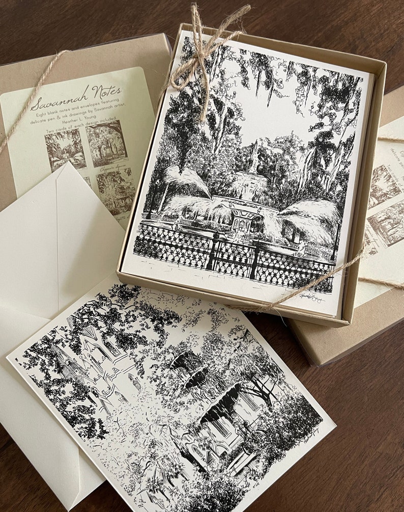 Boxed stationery set featuring ink drawings of Savannah Squares by artist Heather L. Young
